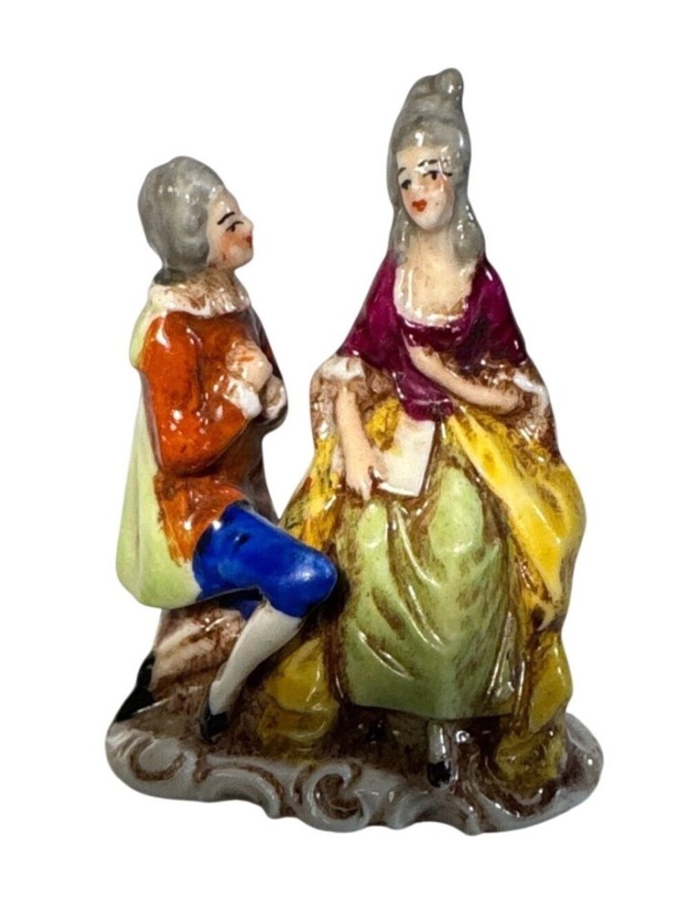 Vintage German Porcelain Figurine Couple Rococo-Style Attire Hand Painted 2.5"